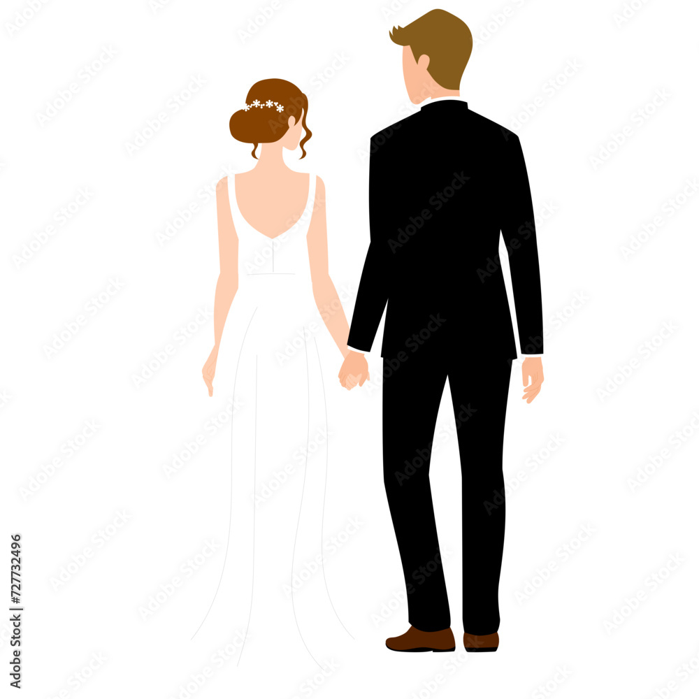 bride and groom in wedding dress walking and hold hand illustration bride and groom in wedding dress walking and hold hand illustration