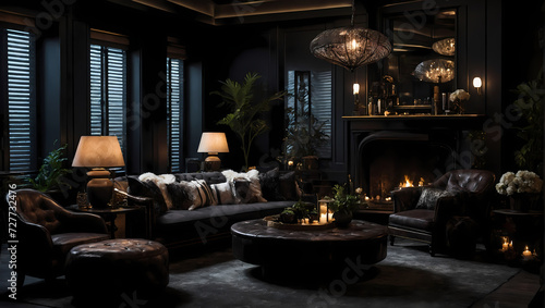 Utilizes dark color palettes, textured materials, and strategic lighting to create a dramatic and cozy ambiance. © xKas