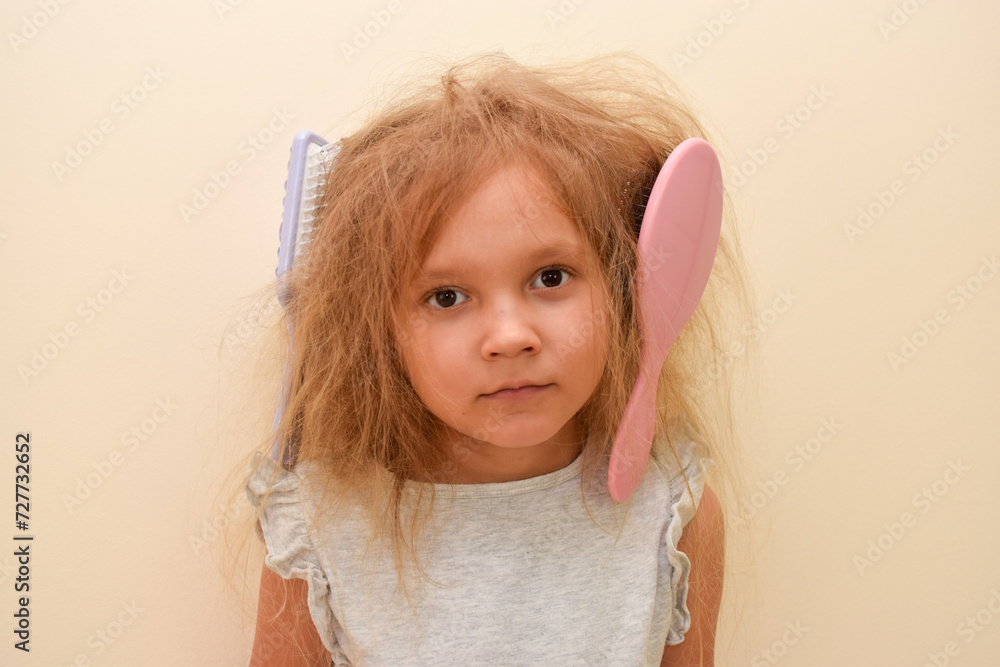 A girl with very tangled hair cannot comb her hair even with two combs. Her hair is very tangled .Hair conditioner concept