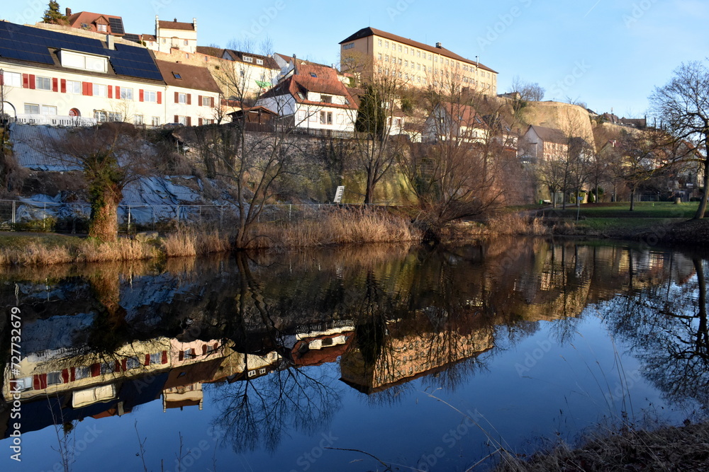 Fototapeta premium Gebäude auf dem Münsterberg in Breisach spiegeln sich im Wasser