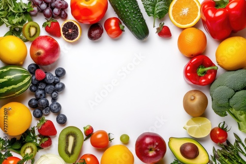 Top view of various multicolored fruits and vegetables disposed at the borders of the image on a frame