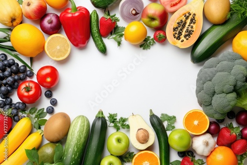 Top view of various multicolored fruits and vegetables disposed at the borders of the image on a frame  © Straxer