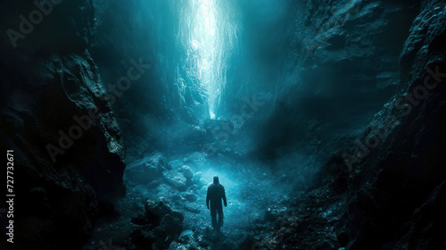 A man walking through a dark valley toward the heavenly light trusting in God Generative AI Illustration photo