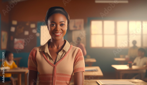 Young positive teacher in an African village school.
