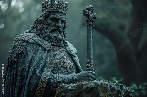 King Arthur statue pulling out excalibur from the stone.