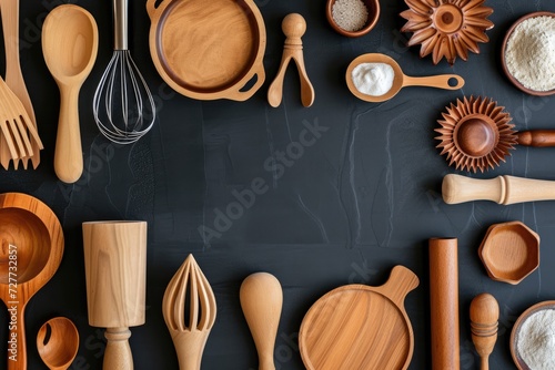 Top view of various pastry utensils 