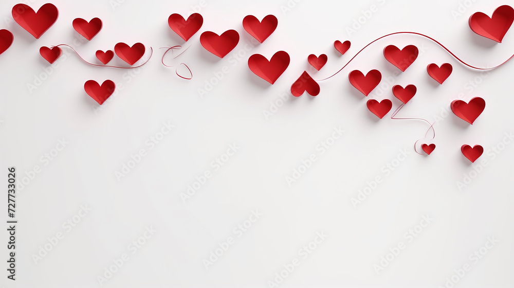 white background with continuous line heart shape border with realistic paper cut style