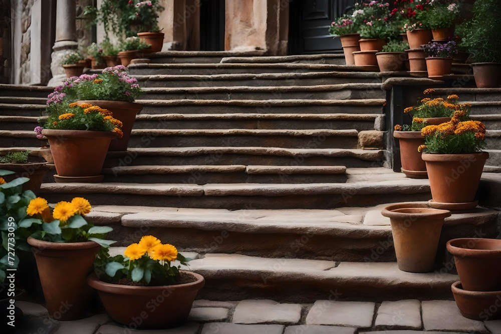 Old, rustic stone steps with flower pot decorations