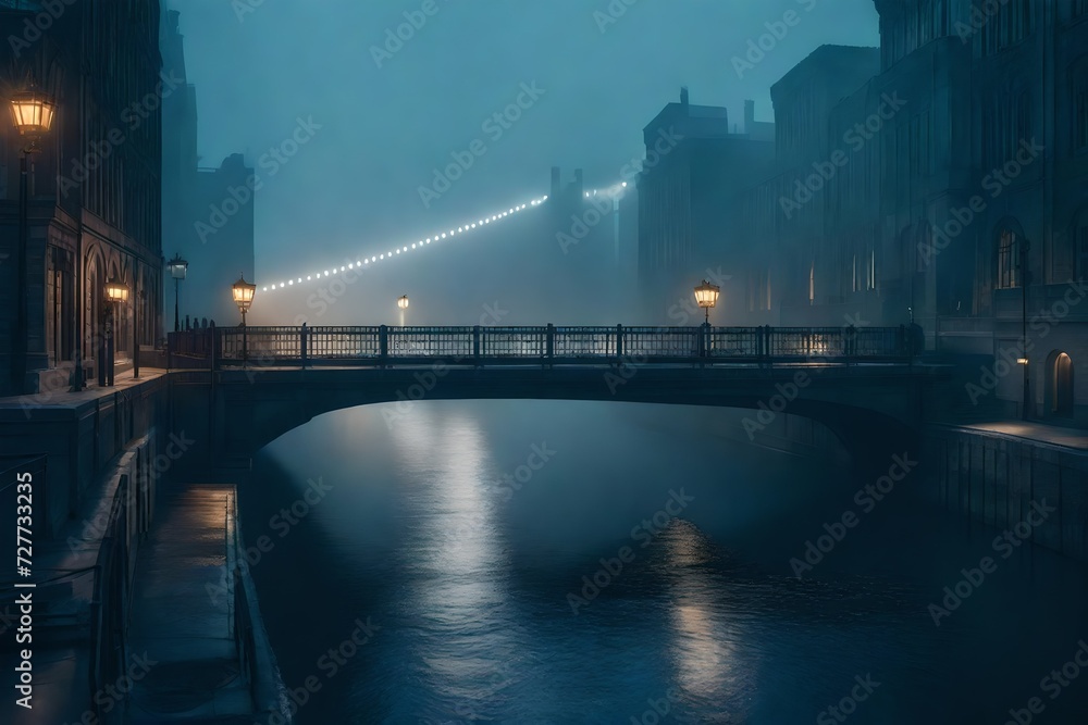 Urban landscape with a illuminated bridge in the fog