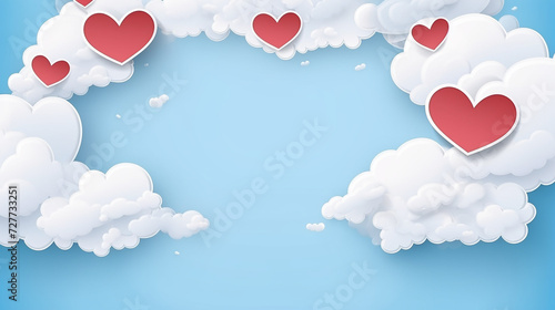 happy valentine's day paper cut card. glittering hearts and clouds on blue background