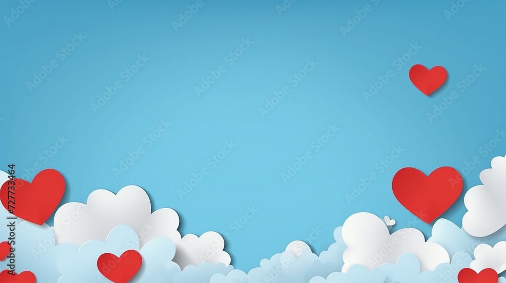 horizontal banner with blue sky paper cut clouds and red hearts on blue background