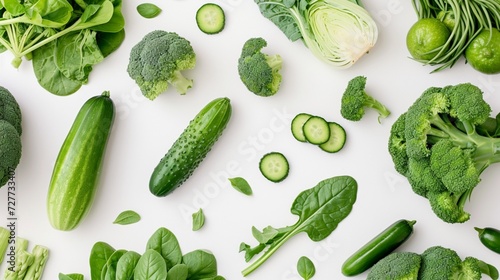 Set of fresh green vegetables on white background, top view