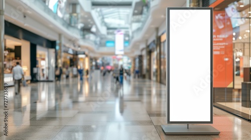 roll up mockup poster stand in an shopping center or mall environment as wide banner design with blank empty copy space area