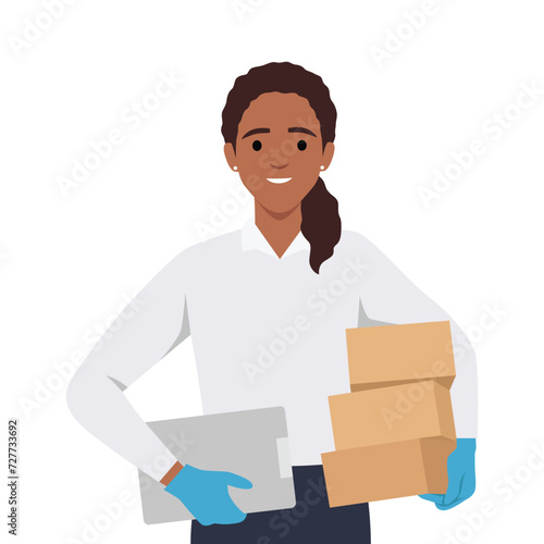 Delivery woman employee holding boxes and clipboard. Flat vector illustration isolated on white background