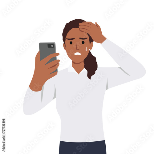 Young woman looking in smartphone with scared face expression. Flat vector illustration isolated on white background