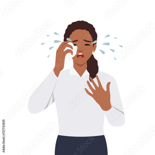 Beautiful young woman crying and wiping tears from her eyes. Woman suffering from depression, despair, sadness and broken heart. Flat vector illustration isolated on white background