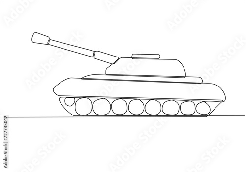 Continuous line Hand drawn tank. Military machine. World War Tanks. Vector illustration isolated on a white background.
