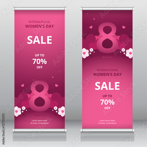 Creative roll up or retractable banner, standee, X-banner templates highlighting March 8th. Ideal for international women’s day sales promotions