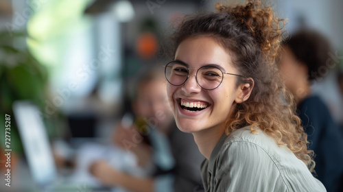 Office Laughter: Female Young Adult Looking Back and Laughing - Photo Realistic