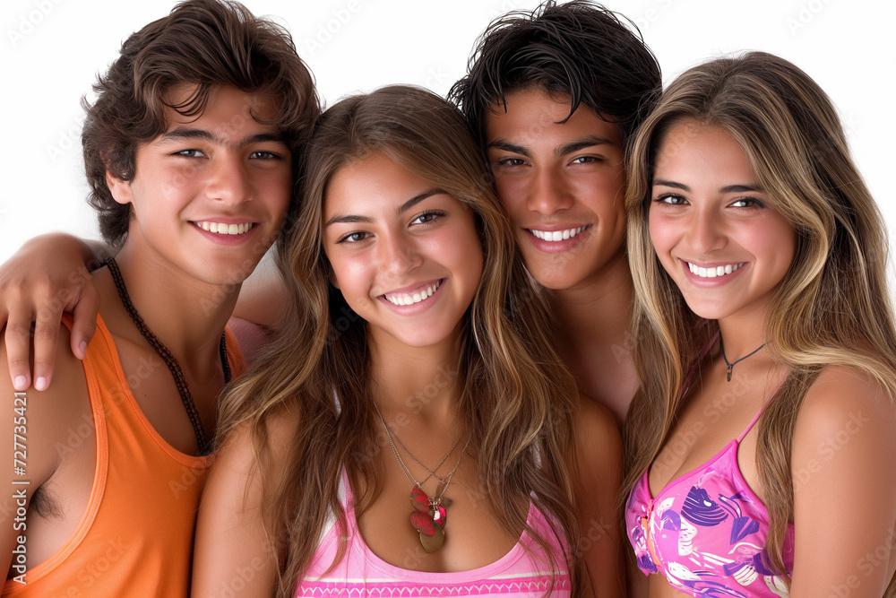 photo de groupe de jeunes souriants, garçon, fille, adolescents, plusieurs, amis, copains, jeunesse, bronzés, tee shirt, été, plage, fond blanc uni photo de groupe de jeunes souriants, garçon, fille, adolescents, plusieurs, amis, copains, jeunesse, bronzés, tee shirt, été, plage, fond blanc uni
