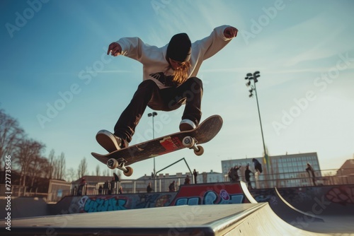 Young skateboarder doing kickflip in a skatepark.