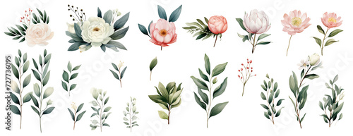Set of Watercolor floral illustration, spring flowers, green leaves, rose, peony, foliage, tree branch, spring collection of flowers. Isolated cutout on transparent background. © innluga