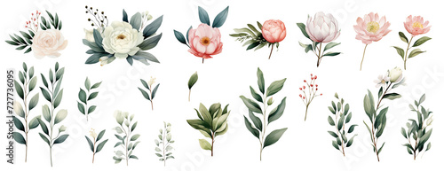 Set of Watercolor floral illustration, spring flowers, green leaves, rose, peony, foliage, tree branch, spring collection of flowers. Isolated cutout on transparent background.