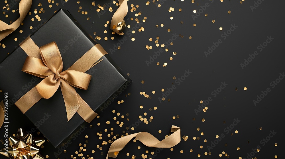 gift box and gold ribbon on black background, christmas day concept gift box and gold ribbon on black background, christmas day concept