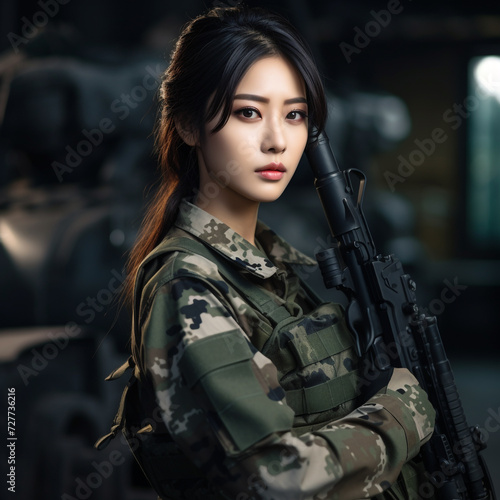 Young Woman Soldiers in Military Uniform with Weapons, Young Beautiful Military Women,  Attractive Looks with Isolated Background, Generative AI. © Sajal.savar