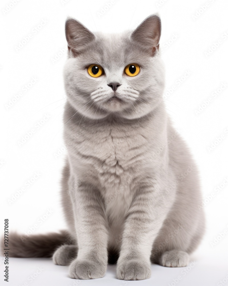 Grey Cat Sitting in Studio. Isolated Shot of Cute Young Domestic Pet Animal