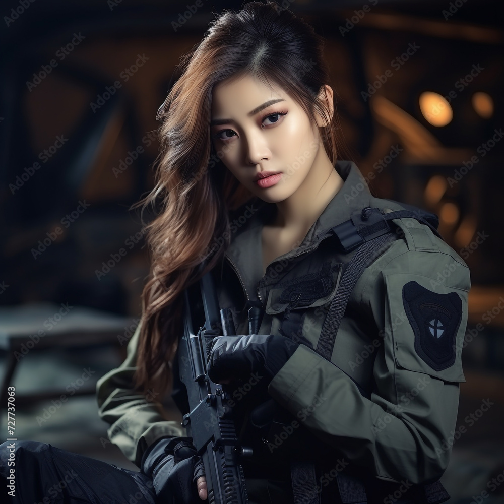 Young Woman Soldiers in Military Uniform with Weapons, Young Beautiful Military Women, Attractive Looks with Isolated Background, Generative AI. Young Woman Soldiers in Military Uniform with Weapons, Young Beautiful Military Women, Attractive Looks with Isolated Background, Generative AI.
