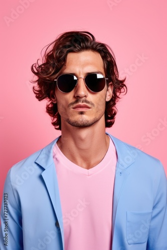 Blue Isolated Sunglasses: Stylish Portrait of Handsome Brunette Caucasian Man in Cool Blue Shades