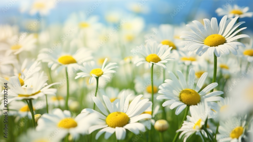 Chamomile Field Macro: Beautiful Daisy Flowers in a Wild Meadow Chamomile Field Macro: Beautiful Daisy Flowers in a Wild Meadow