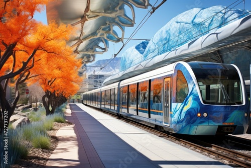 Modern Lightrail Station in Lone Tree, Colorado with Rocky Mountain Scenery in Spring