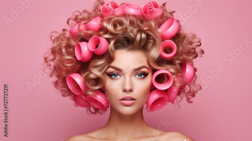 Stylish Adult Attractive Woman with Beautiful Hair Curlers on Cheerful Background