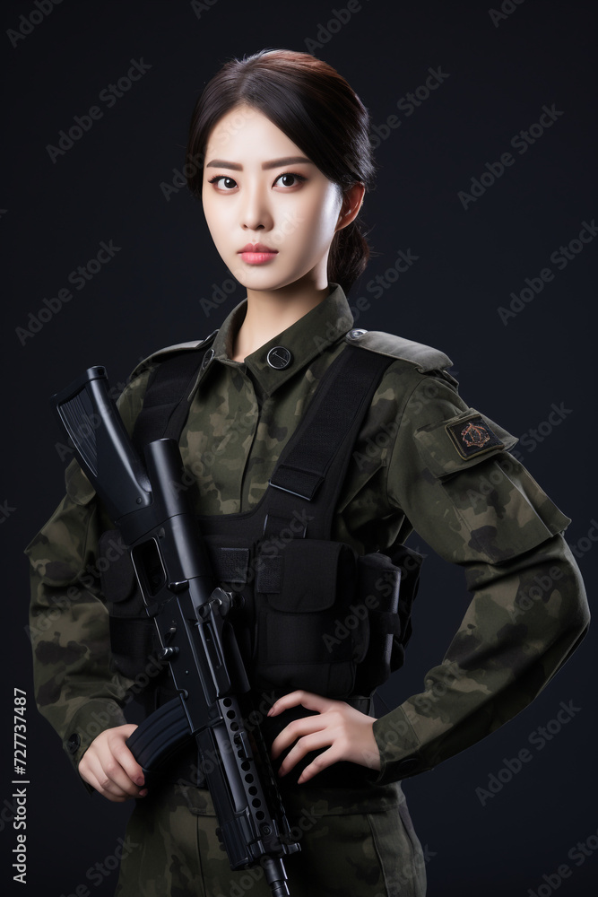 Young Woman Soldiers in Military Uniform with Weapons, Young Beautiful Military Women, Attractive Looks with Isolated Background, Generative AI. Young Woman Soldiers in Military Uniform with Weapons, Young Beautiful Military Women, Attractive Looks with Isolated Background, Generative AI.