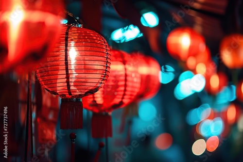 Colorful chinese lanterns with bokeh lights background at night.