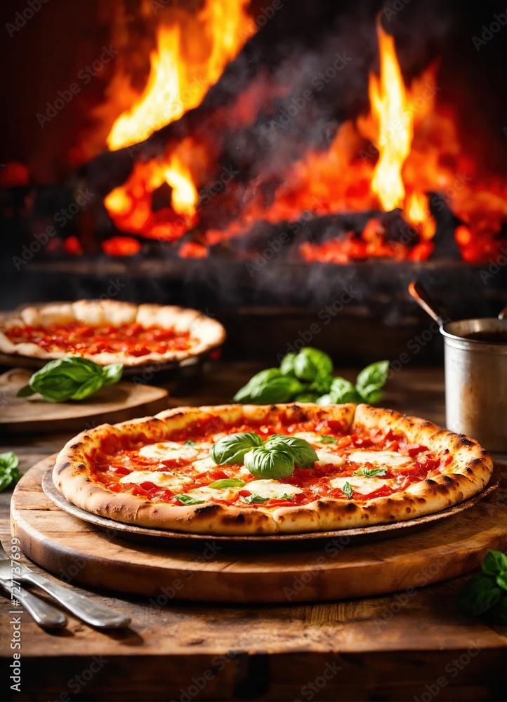 Rustic wooden table featuring a Pizza Margherita with a fiery backdrop. Rustic wooden table featuring a Pizza Margherita with a fiery backdrop.