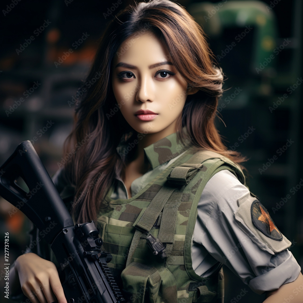 Young Woman Soldiers in Military Uniform with Weapons, Young Beautiful Military Women, Attractive Looks with Isolated Background, Generative AI. Young Woman Soldiers in Military Uniform with Weapons, Young Beautiful Military Women, Attractive Looks with Isolated Background, Generative AI.