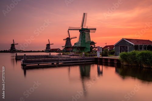 Sunrise at Kinderdijk Village, Rotterdam, Holland, Netherlands 