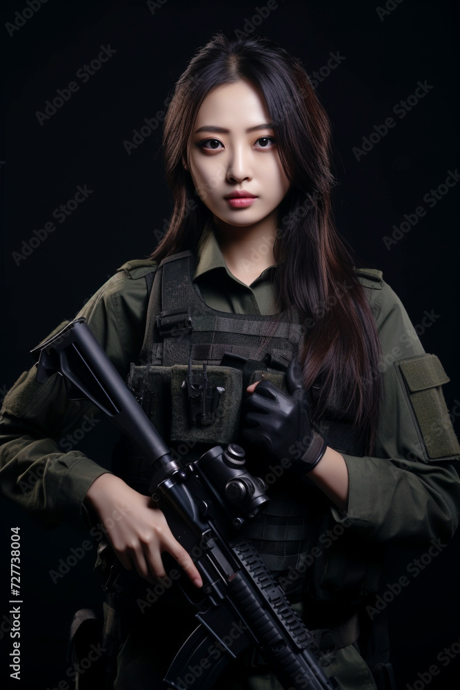 Young Woman Soldiers in Military Uniform with Weapons, Young Beautiful Military Women, Attractive Looks with Isolated Background, Generative AI. Young Woman Soldiers in Military Uniform with Weapons, Young Beautiful Military Women, Attractive Looks with Isolated Background, Generative AI.