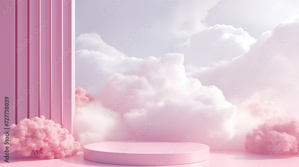 Background podium pink 3d product sky platform display cloud pastel scene render stand. Pink podium stage minimal abstract background beauty dreamy space studio pedestal smoke showcase geometric white Background podium pink 3d product sky platform display cloud pastel scene render stand. Pink podium stage minimal abstract background beauty dreamy space studio pedestal smoke showcase geometric white