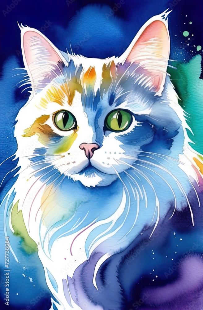 Colorful cat watercolor Illustration