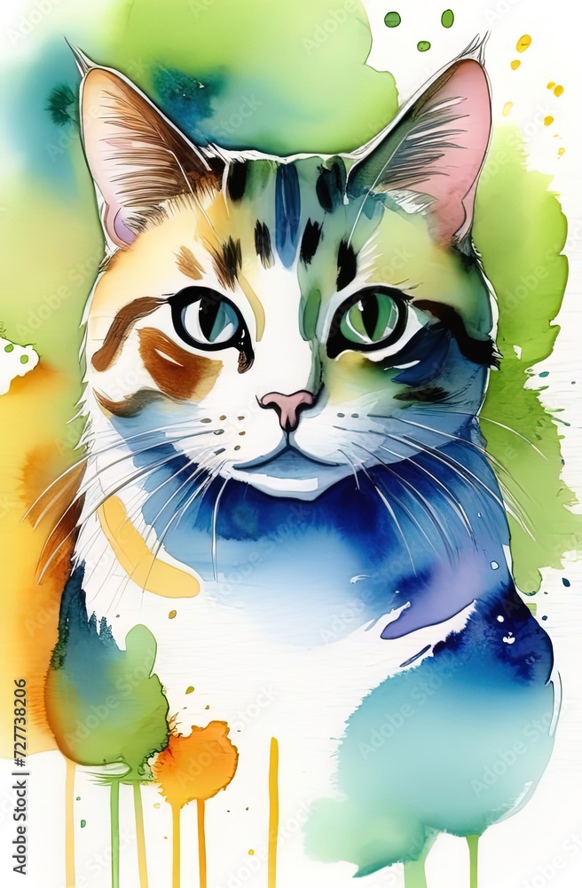 Colorful cat watercolor Illustration