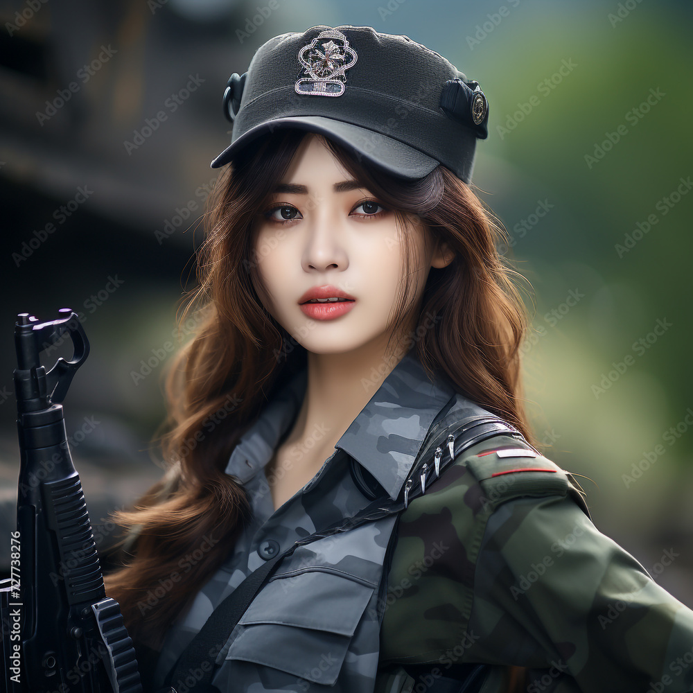 Young Woman Soldiers in Military Uniform with Weapons, Young Beautiful Military Women, Attractive Looks with Isolated Background, Generative AI. Young Woman Soldiers in Military Uniform with Weapons, Young Beautiful Military Women, Attractive Looks with Isolated Background, Generative AI.