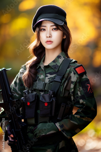 Young Woman Soldiers in Military Uniform with Weapons, Young Beautiful Military Women, Attractive Looks with Isolated Background, Generative AI.