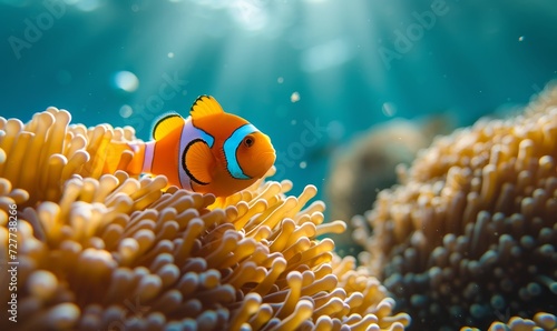vibrant coral and a curious clownfish peeking out, sunlight filtering through the water above