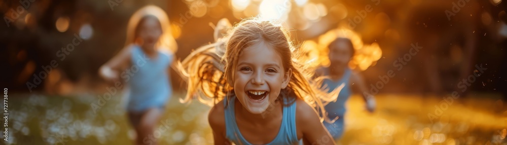 children chasing each other around a backyard, laughter in motion, summer afternoon light children chasing each other around a backyard, laughter in motion, summer afternoon light
