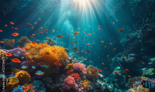 underwater paradise with coral reefs teeming with colorful fish  sunbeams piercing through the water