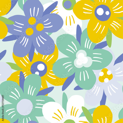 floral seamless pattern with yellow purple green flowers in the trendy colors © Naticuteart